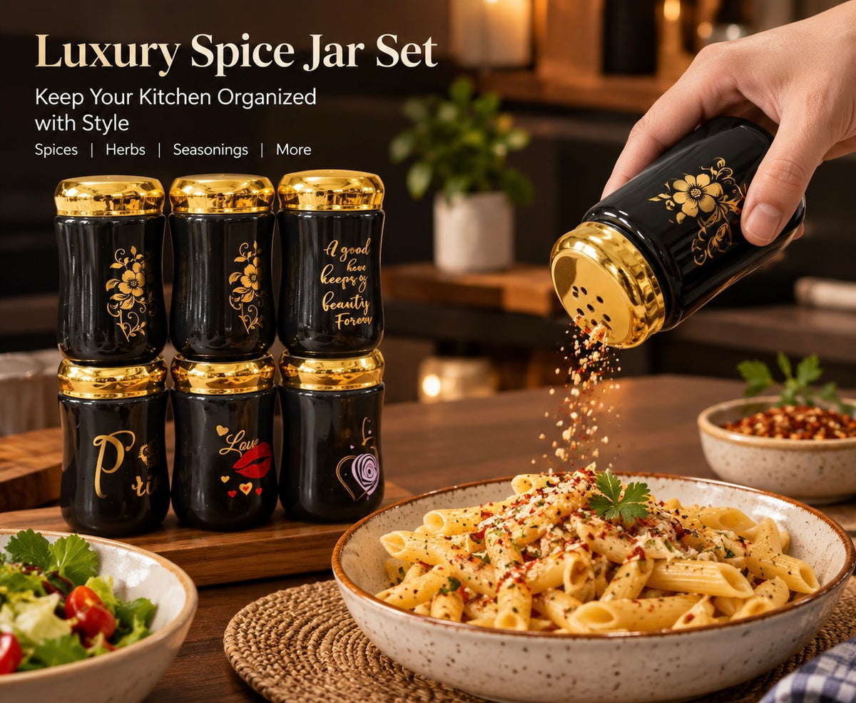 Luxury Black & Gold Spice Jar Set – 6 Piece