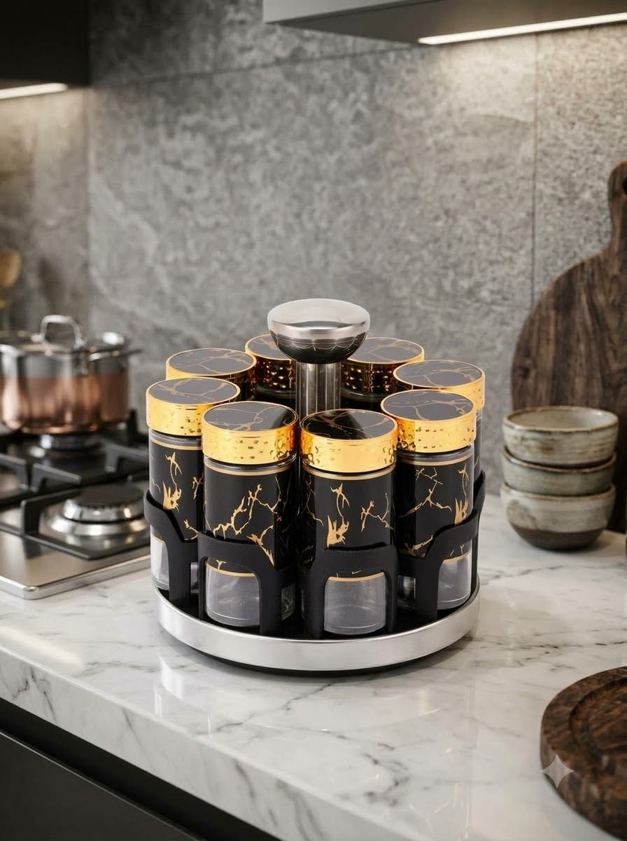 Luxury 7-Piece Spice Jar Set with Rotating Carousel Stand