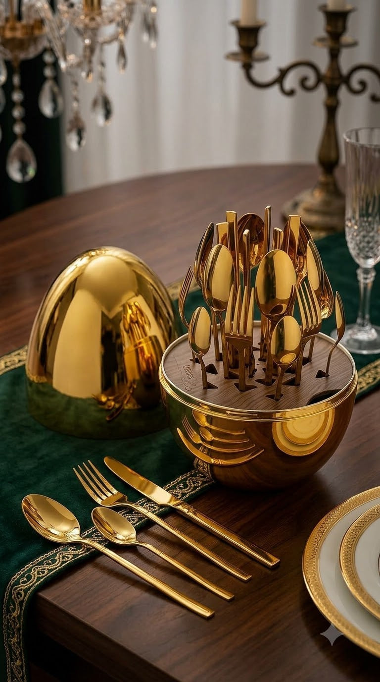 Luxury Gold-Plated Cutlery Set with Wooden Stand – 24 Pieces