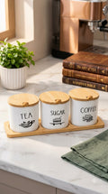 3-Piece Tea, Coffee & Sugar Storage Canister Set with Wooden Tray