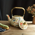 Vintage Floral Enamel Tea Kettle with Golden Handle