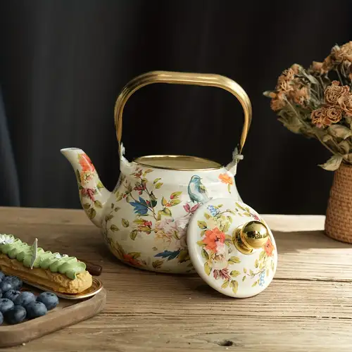 Vintage Floral Enamel Tea Kettle with Golden Handle