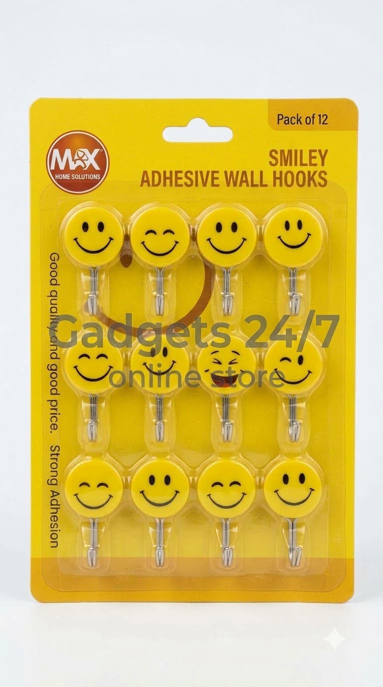 Smiley Adhesive Wall Hooks – Pack of 12