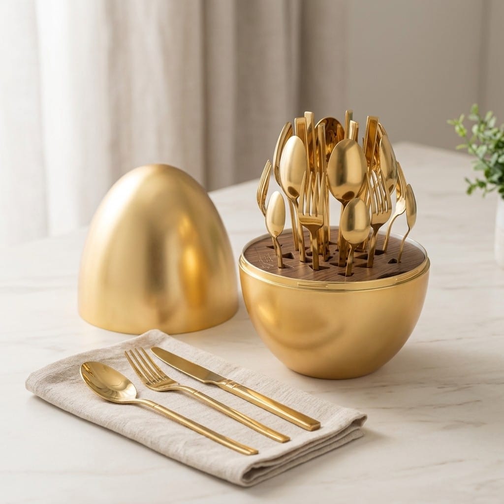 Luxury Gold-Plated Cutlery Set with Wooden Stand – 24 Pieces
