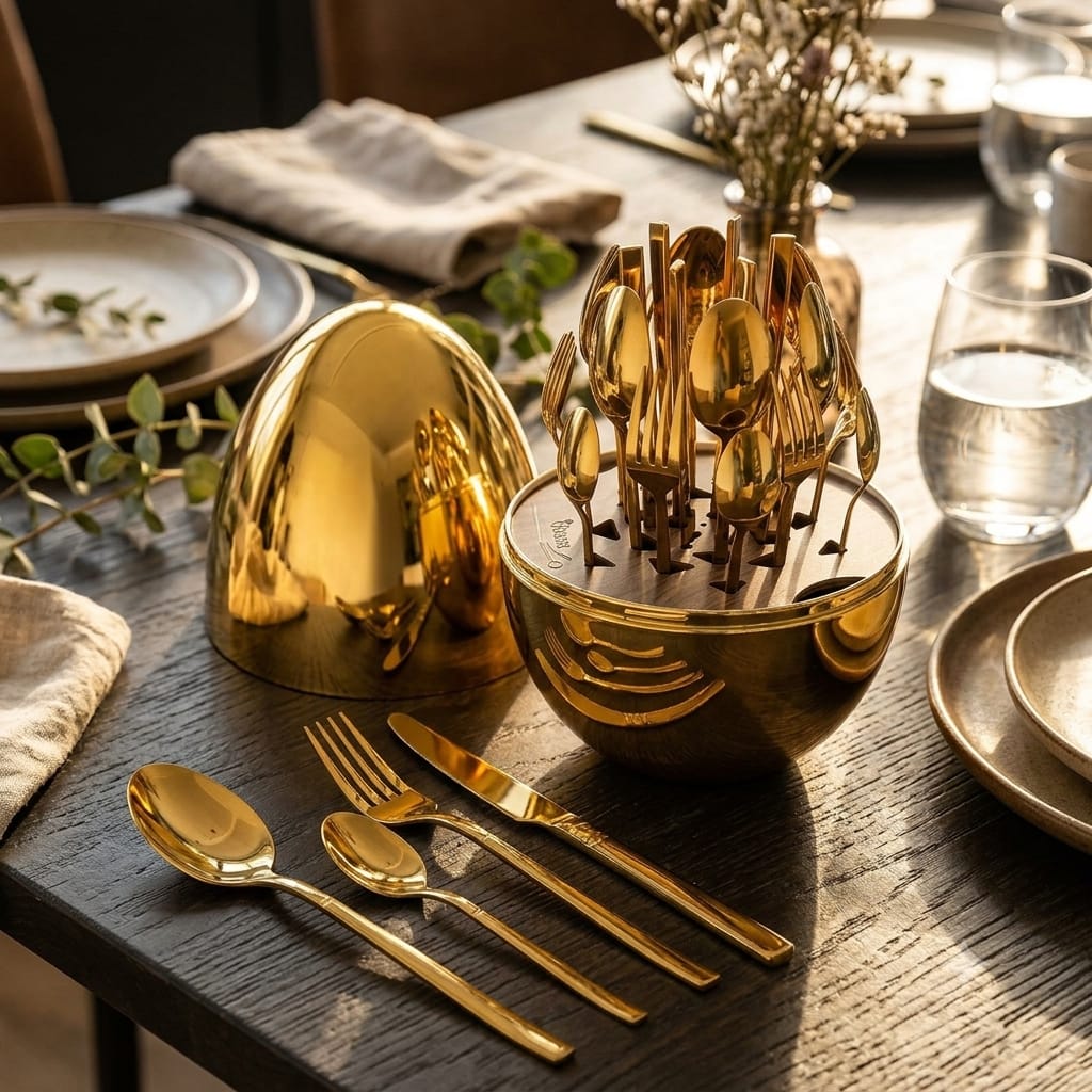 Luxury Gold-Plated Cutlery Set with Wooden Stand – 24 Pieces